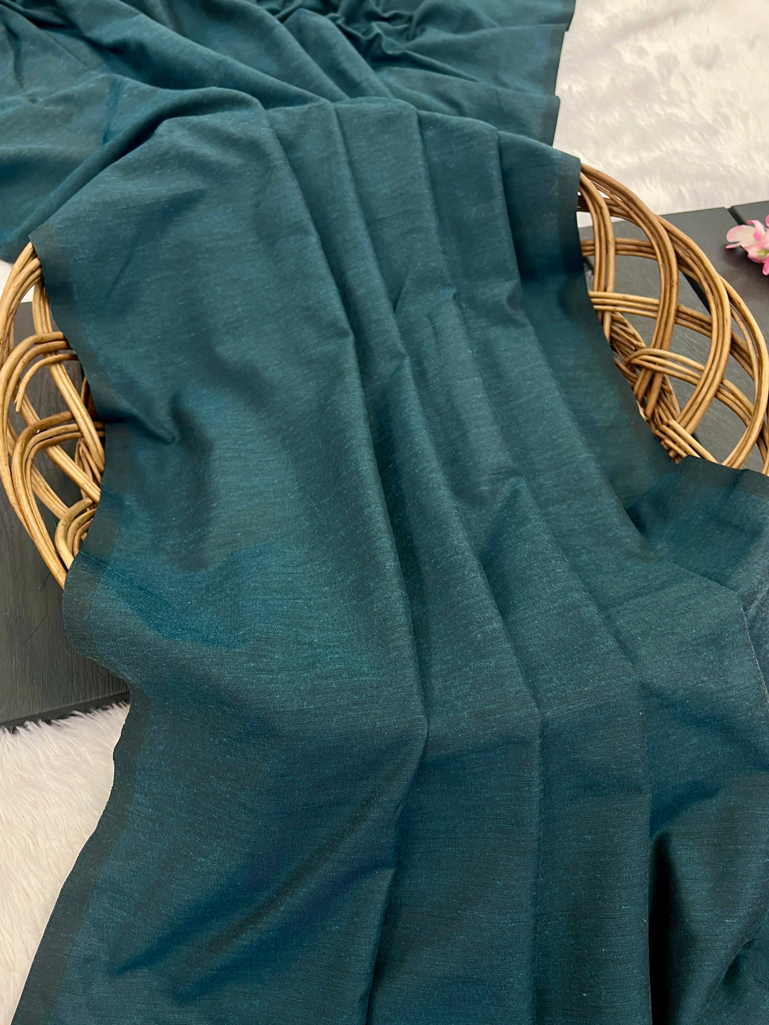 Teal Blue Mul Cotton Saree with Antique Gold Zari Woven Pallu, Tassels & Matching Blouse