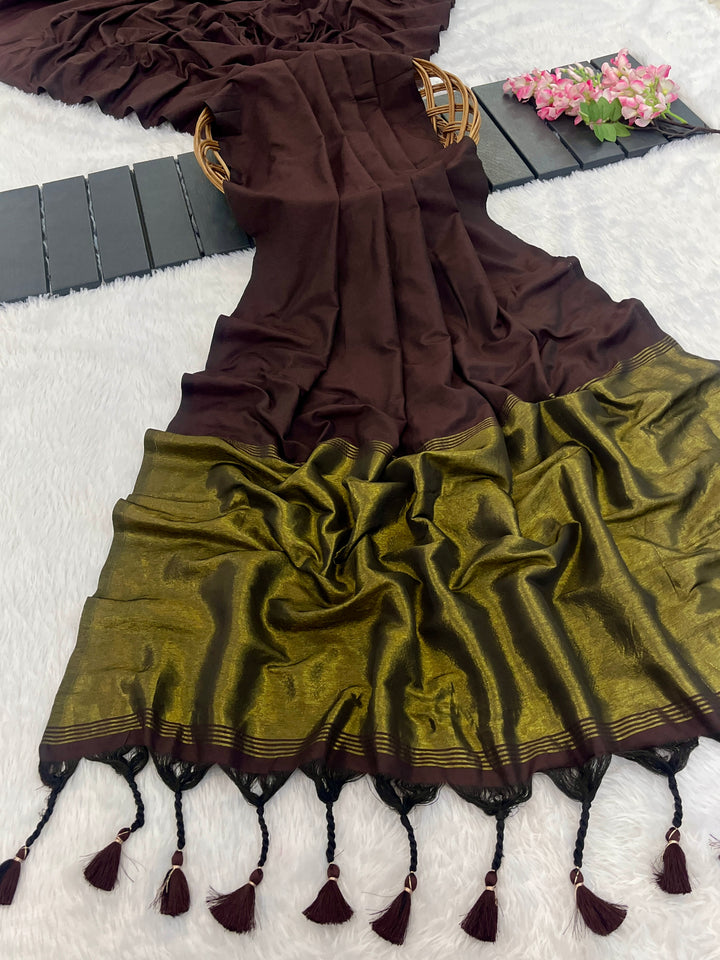 Chocolate Brown Mul Cotton Saree with Antique Gold Zari Woven Pallu, Tassels & Matching Blouse