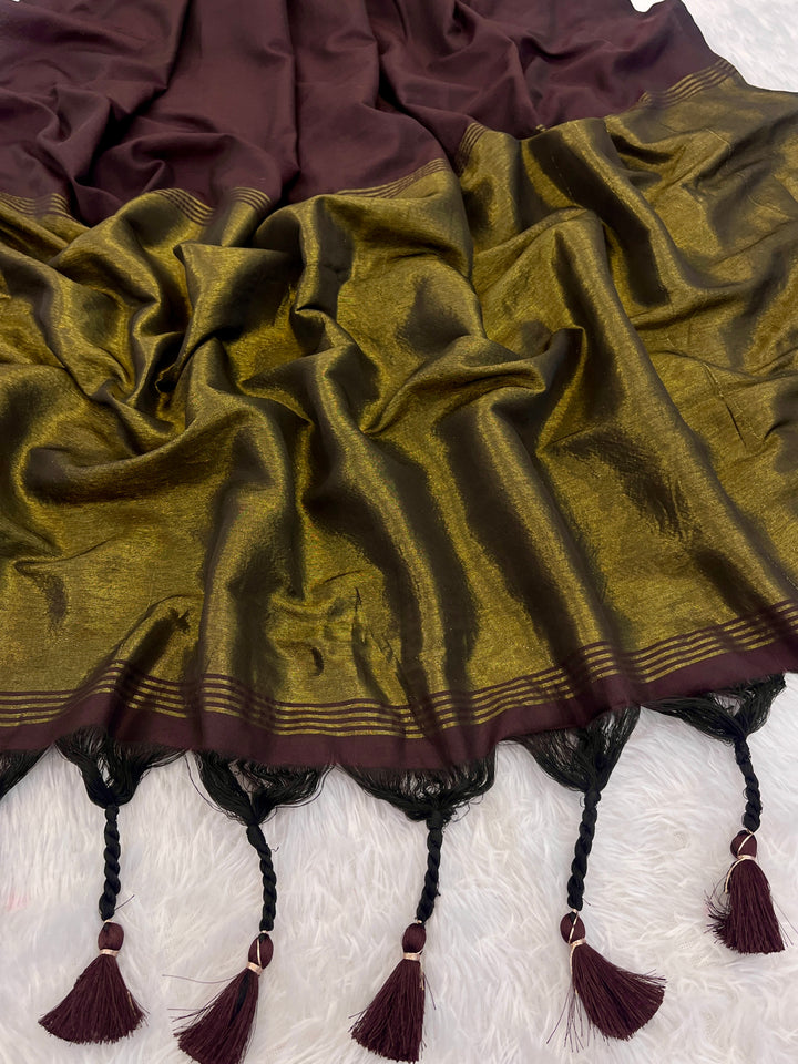 Chocolate Brown Mul Cotton Saree with Antique Gold Zari Woven Pallu, Tassels & Matching Blouse