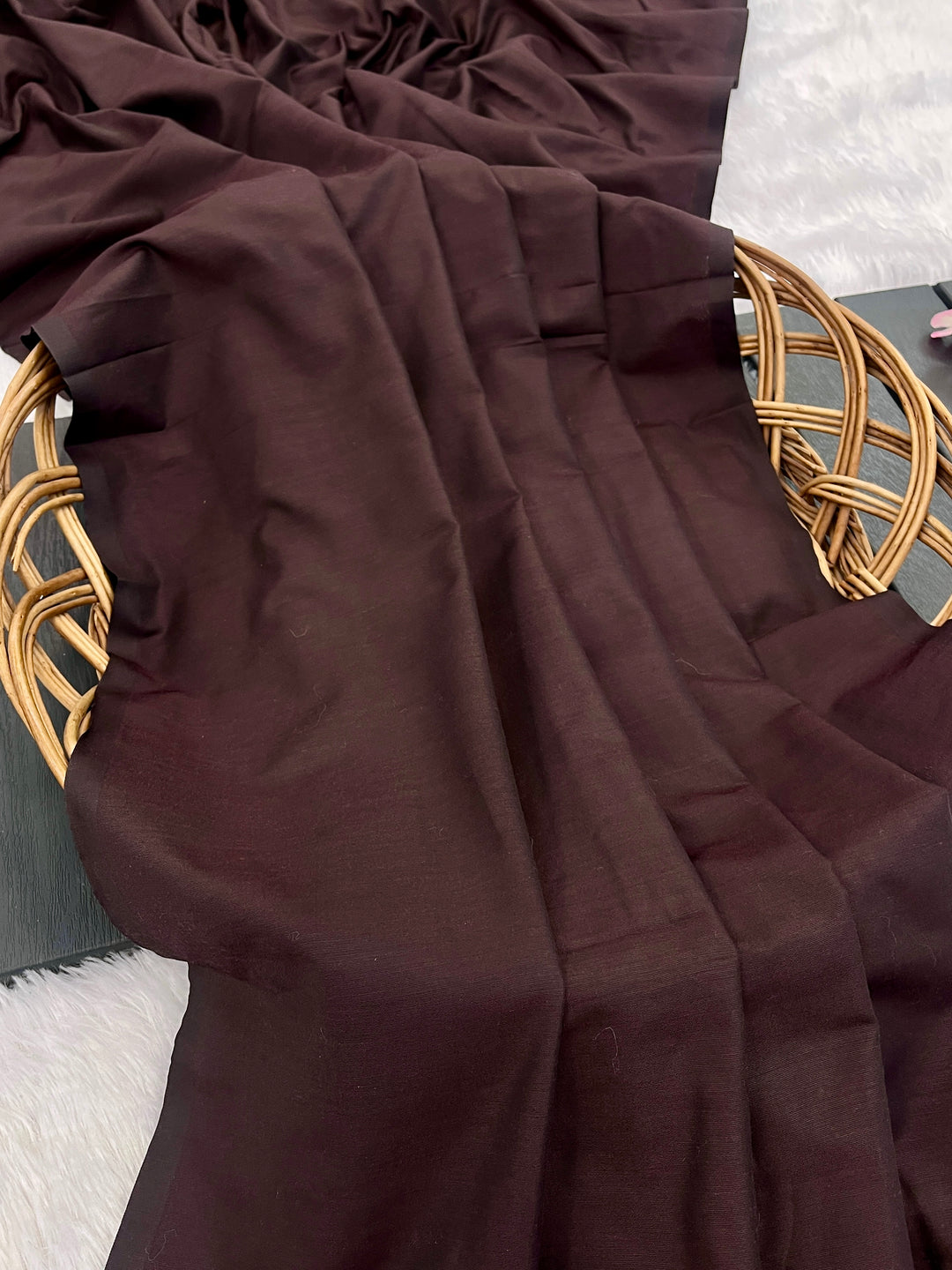 Chocolate Brown Mul Cotton Saree with Antique Gold Zari Woven Pallu, Tassels & Matching Blouse
