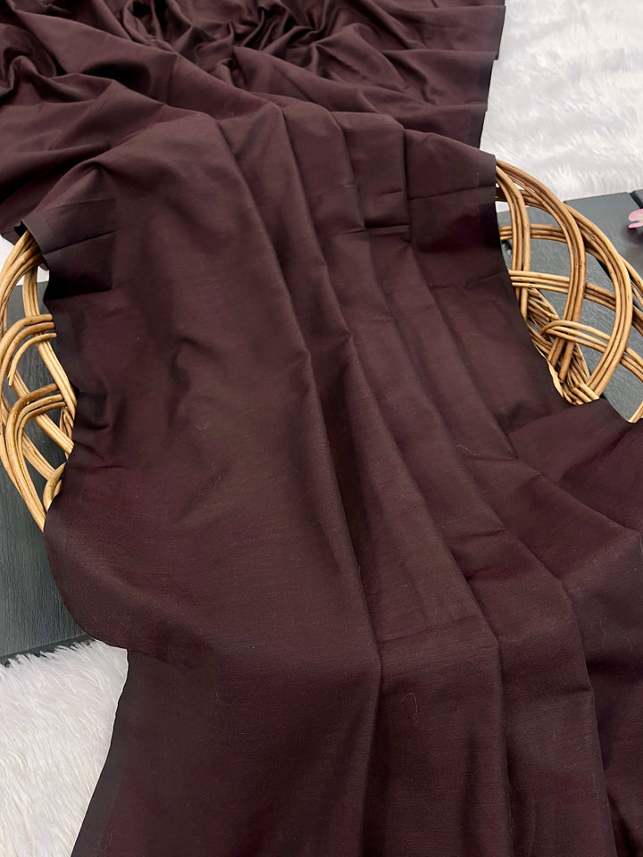 Chocolate Brown Mul Cotton Saree with Antique Gold Zari Woven Pallu, Tassels & Matching Blouse