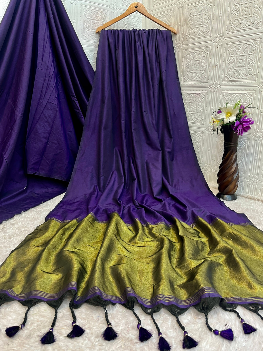 Deep Purple Mul Cotton Saree with Antique Gold Zari Woven Pallu, Tassels & Matching Blouse