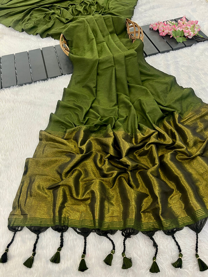 Mehendi Green Mul Cotton Saree with Antique Gold Zari Woven Pallu, Tassels & Matching Blouse