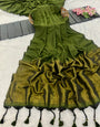 Mehendi Green Mul Cotton Saree with Antique Gold Zari Woven Pallu, Tassels & Matching Blouse
