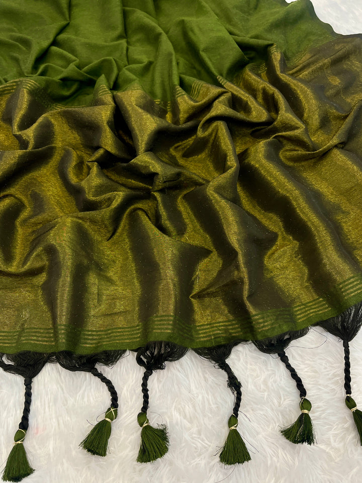 Mehendi Green Mul Cotton Saree with Antique Gold Zari Woven Pallu, Tassels & Matching Blouse