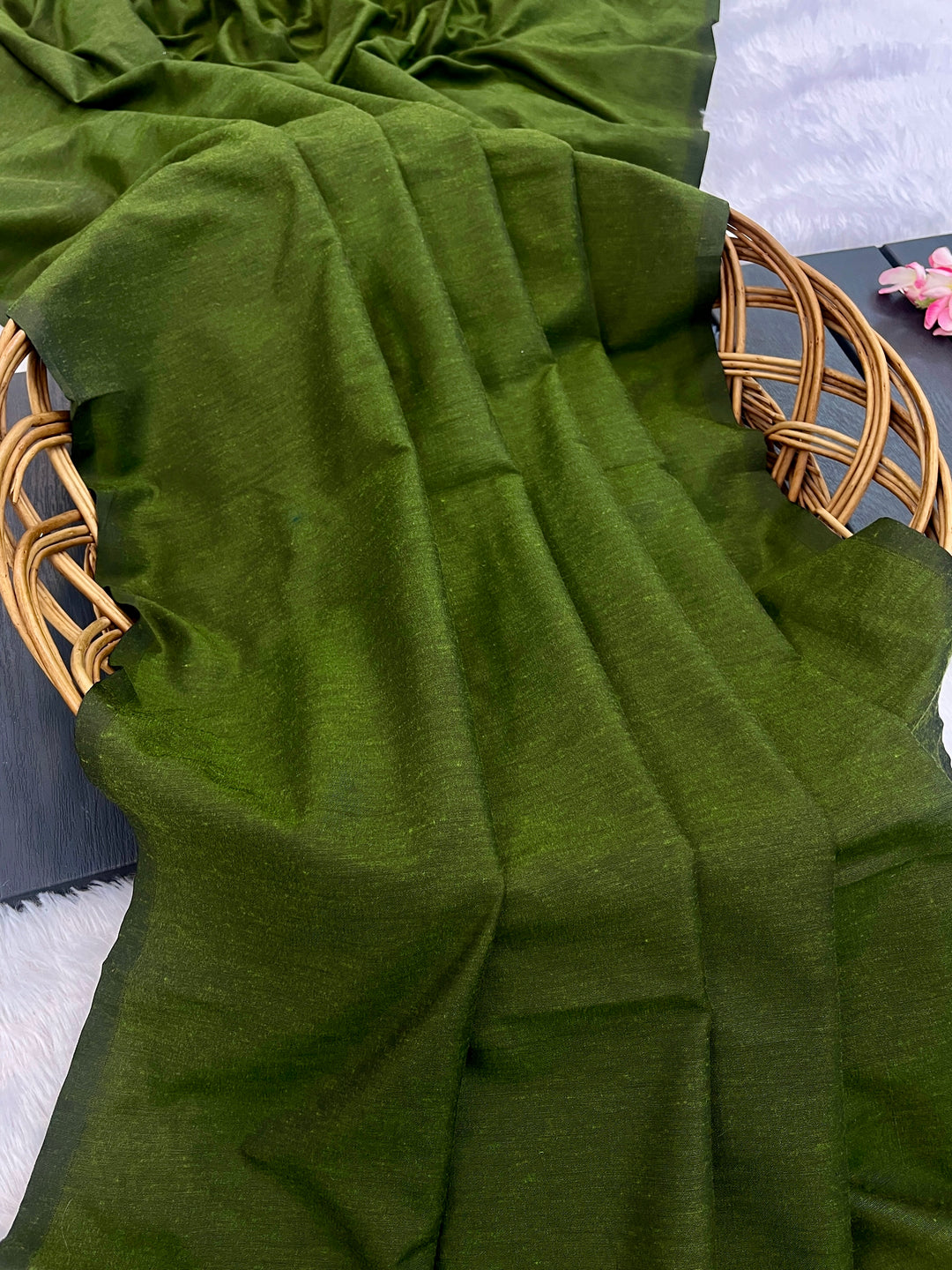 Mehendi Green Mul Cotton Saree with Antique Gold Zari Woven Pallu, Tassels & Matching Blouse