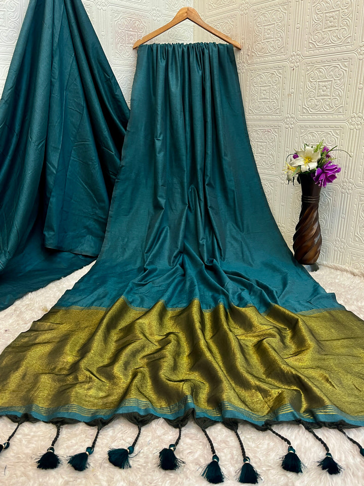 Teal Blue Mul Cotton Saree with Antique Gold Zari Woven Pallu, Tassels & Matching Blouse