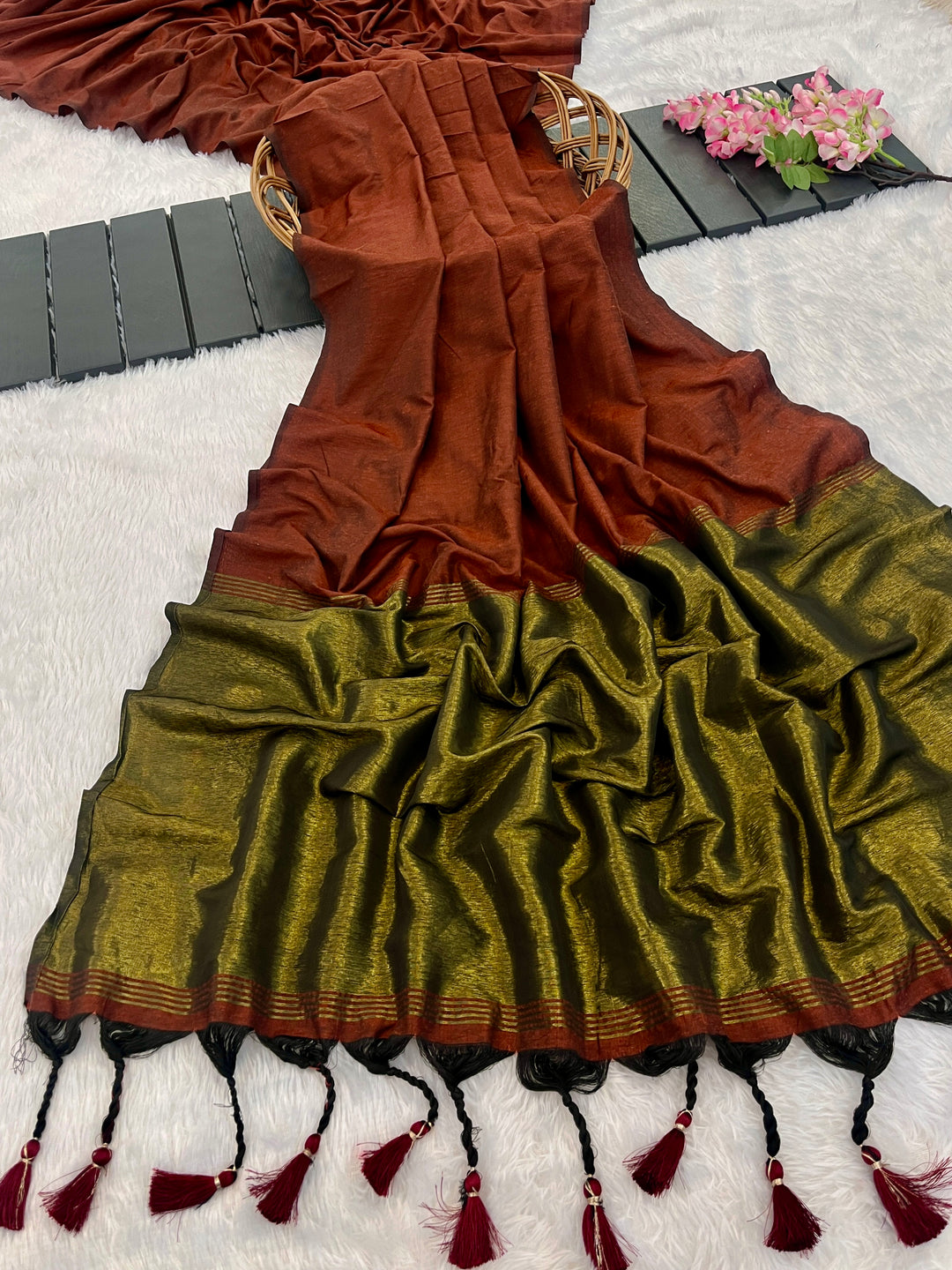 Rust Brown Mul Cotton Saree with Antique Gold Zari Woven Pallu, Tassels & Matching Blouse