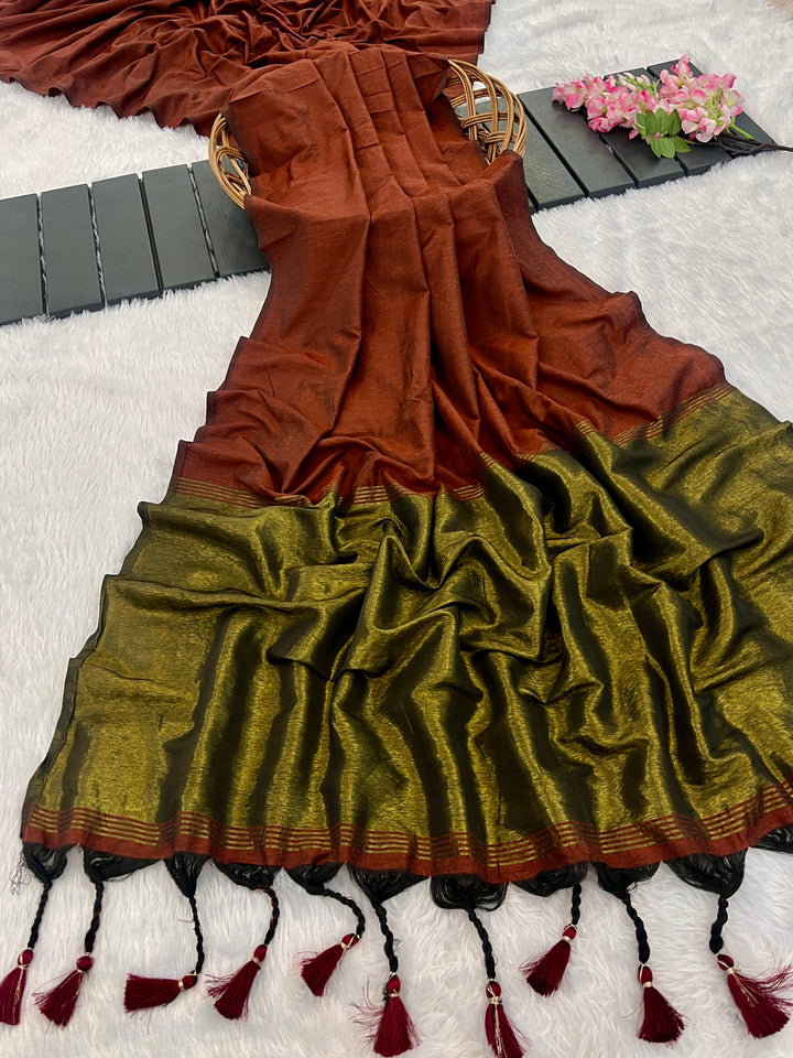 Rust Brown Mul Cotton Saree with Antique Gold Zari Woven Pallu, Tassels & Matching Blouse