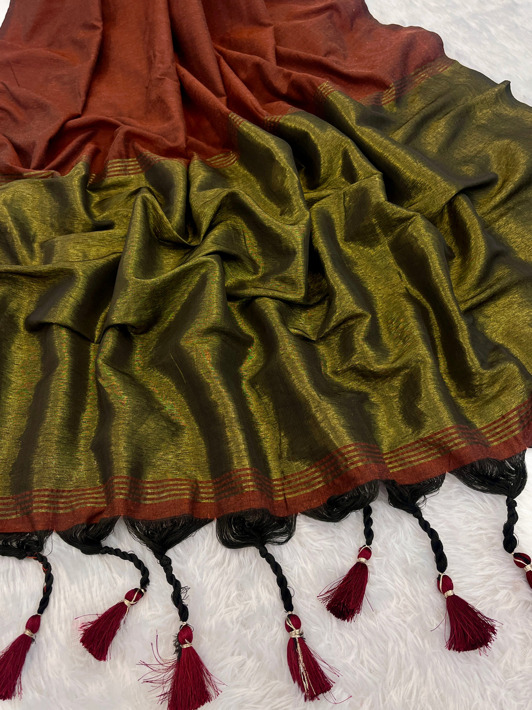 Rust Brown Mul Cotton Saree with Antique Gold Zari Woven Pallu, Tassels & Matching Blouse
