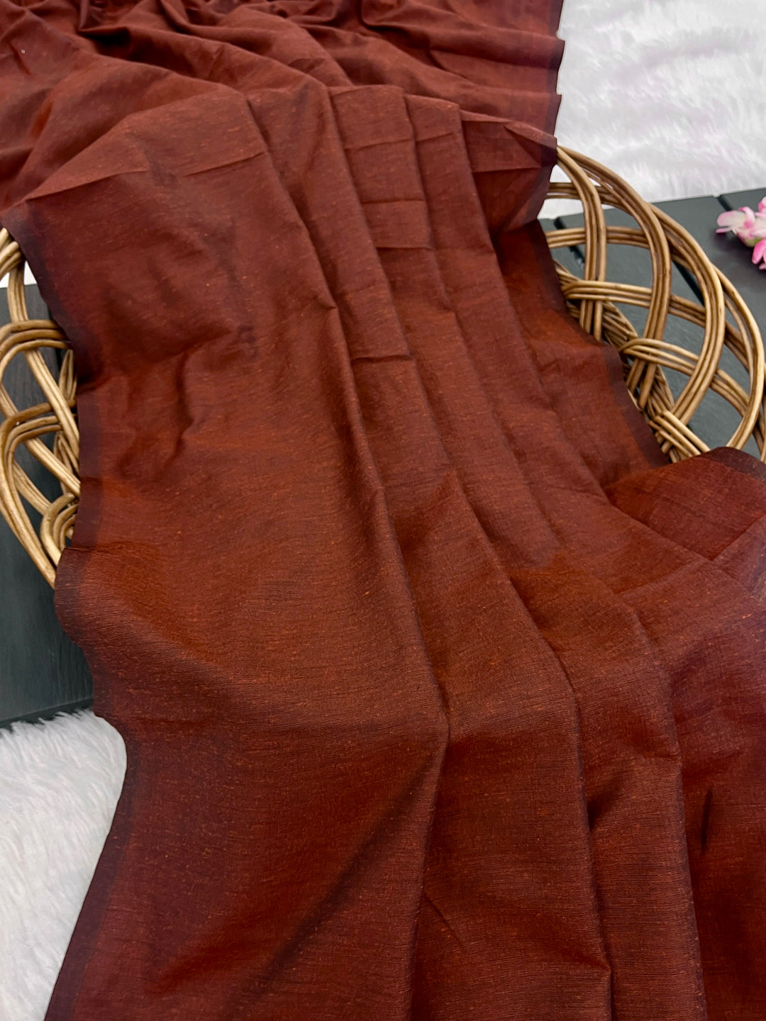 Rust Brown Mul Cotton Saree with Antique Gold Zari Woven Pallu, Tassels & Matching Blouse