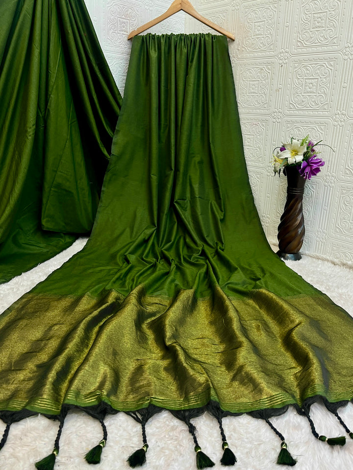 Mehendi Green Mul Cotton Saree with Antique Gold Zari Woven Pallu, Tassels & Matching Blouse