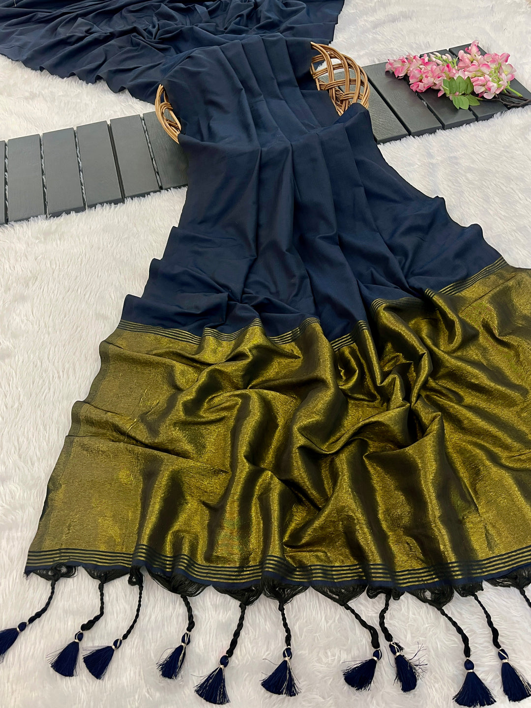 Navy Blue Mul Cotton Saree with Antique Gold Zari Woven Pallu, Tassels & Matching Blouse