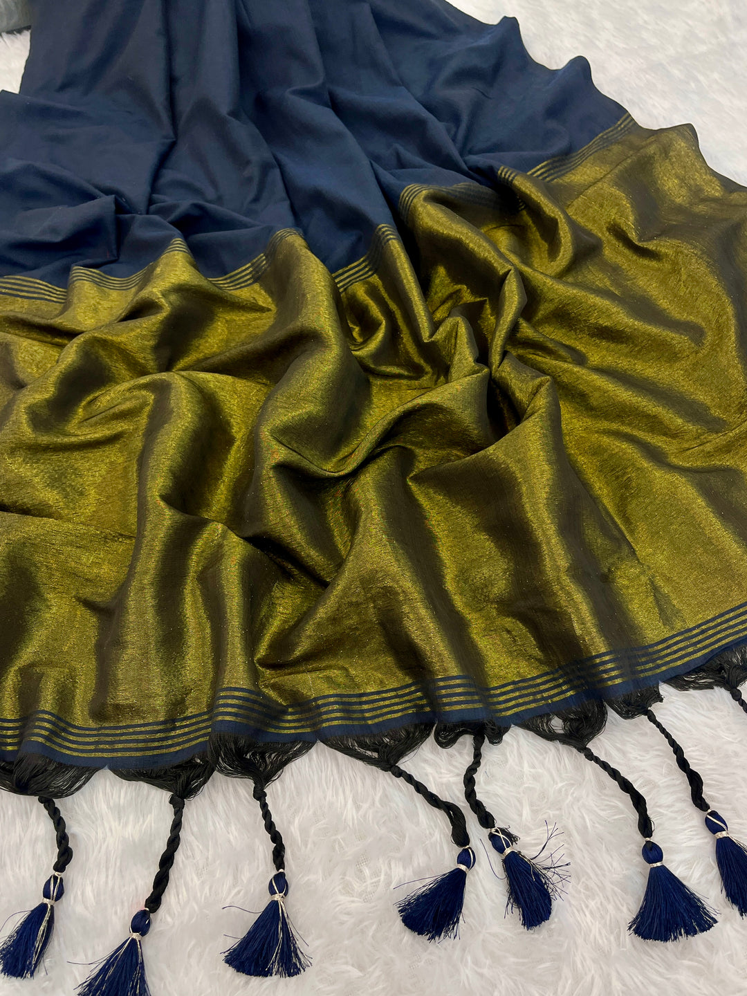 Navy Blue Mul Cotton Saree with Antique Gold Zari Woven Pallu, Tassels & Matching Blouse
