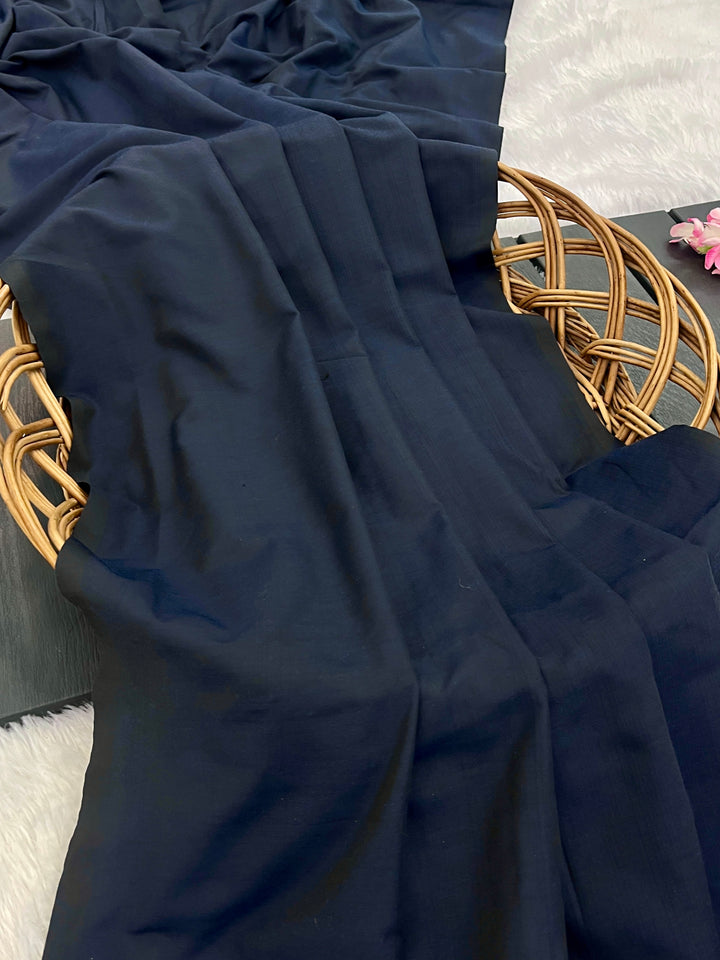 Navy Blue Mul Cotton Saree with Antique Gold Zari Woven Pallu, Tassels & Matching Blouse