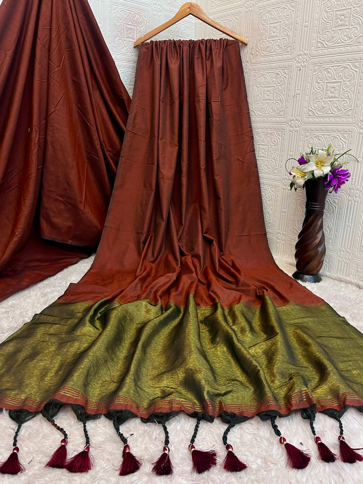 Rust Brown Mul Cotton Saree with Antique Gold Zari Woven Pallu, Tassels & Matching Blouse