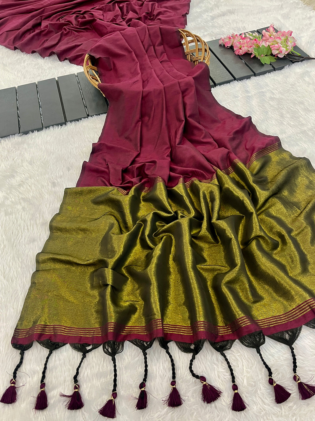 Wine Mul Cotton Saree with Antique Gold Zari Woven Pallu, Tassels & Matching Blouse