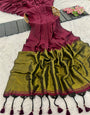 Wine Mul Cotton Saree with Antique Gold Zari Woven Pallu, Tassels & Matching Blouse