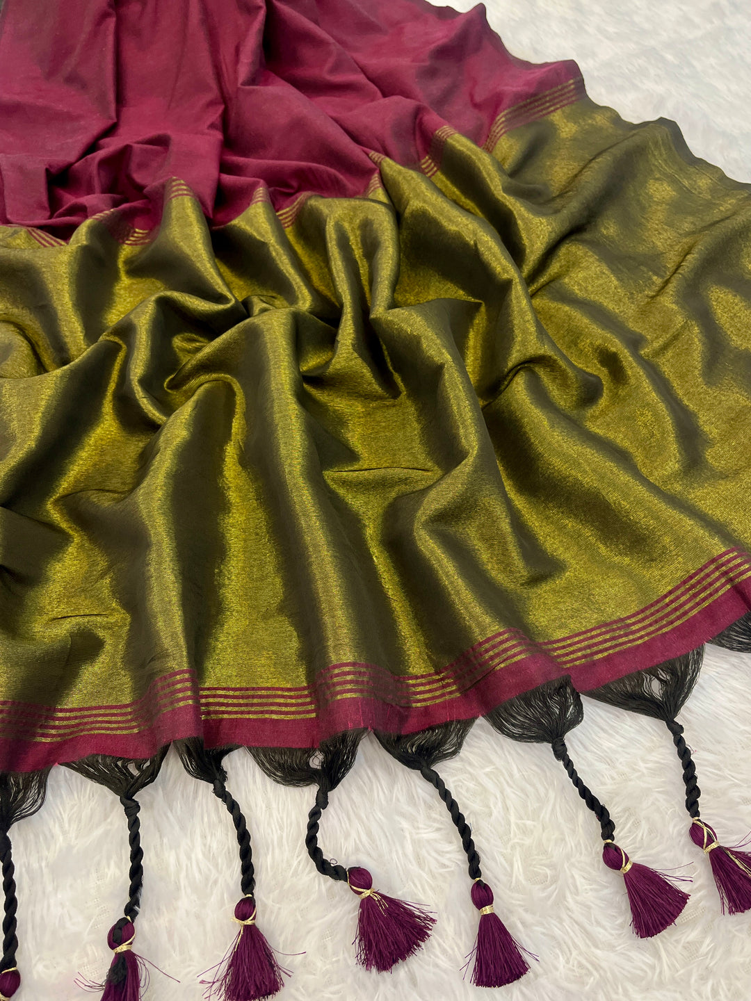 Wine Mul Cotton Saree with Antique Gold Zari Woven Pallu, Tassels & Matching Blouse