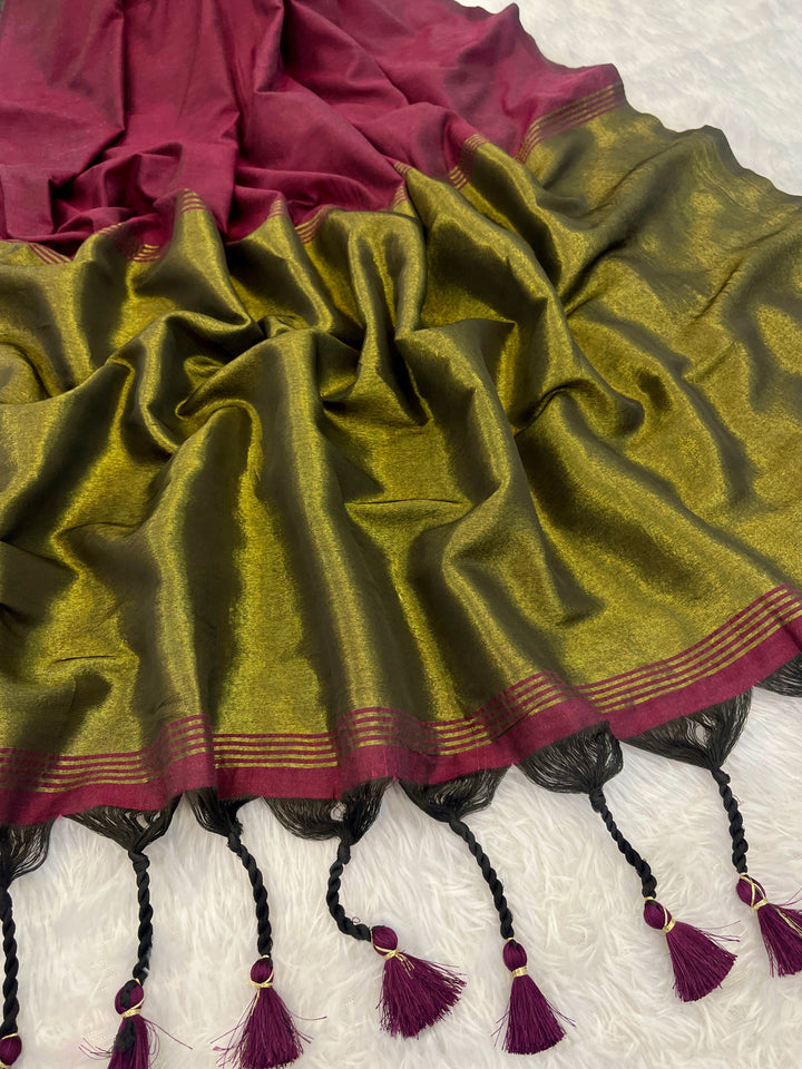 Wine Mul Cotton Saree with Antique Gold Zari Woven Pallu, Tassels & Matching Blouse
