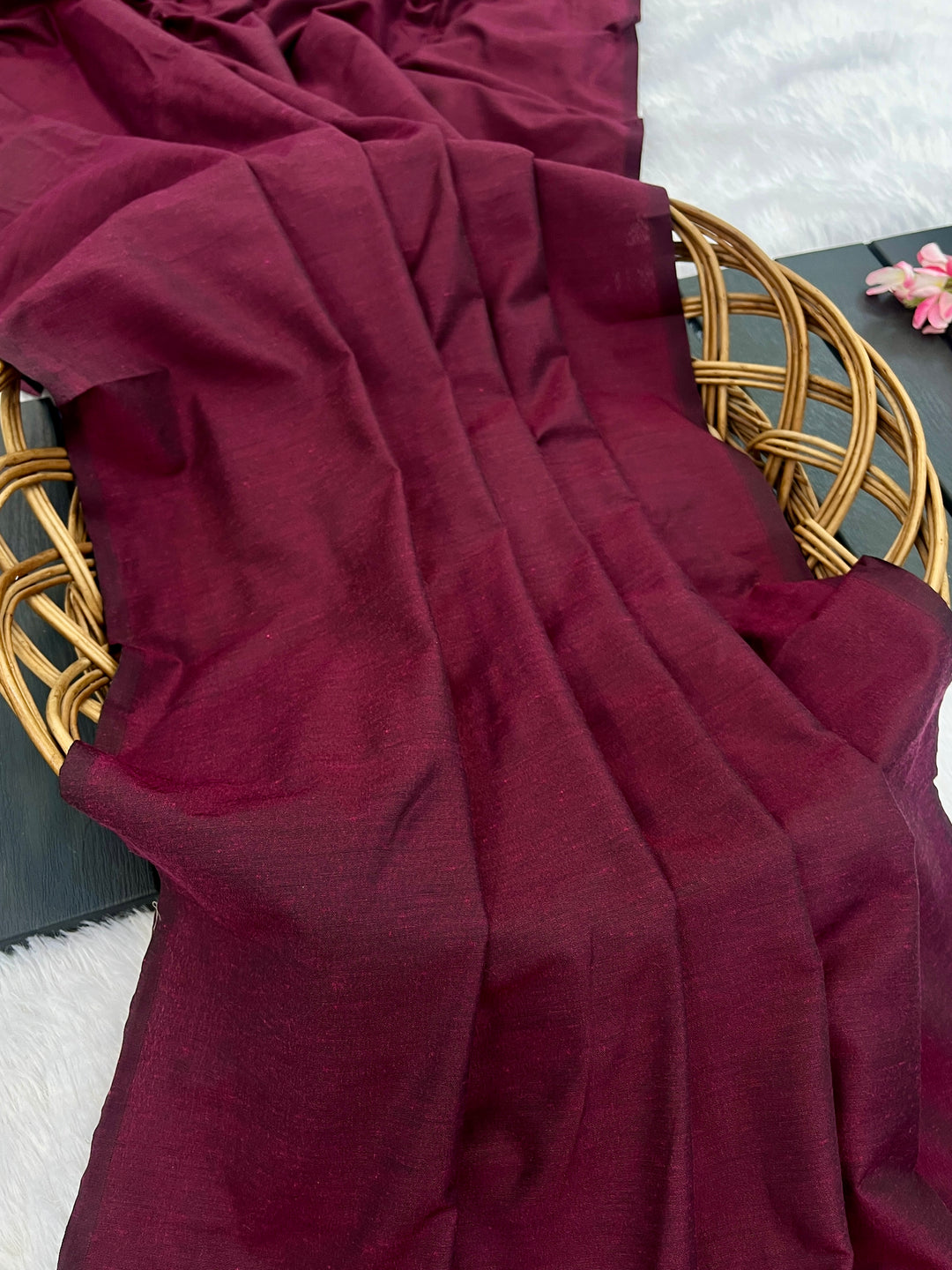 Wine Mul Cotton Saree with Antique Gold Zari Woven Pallu, Tassels & Matching Blouse