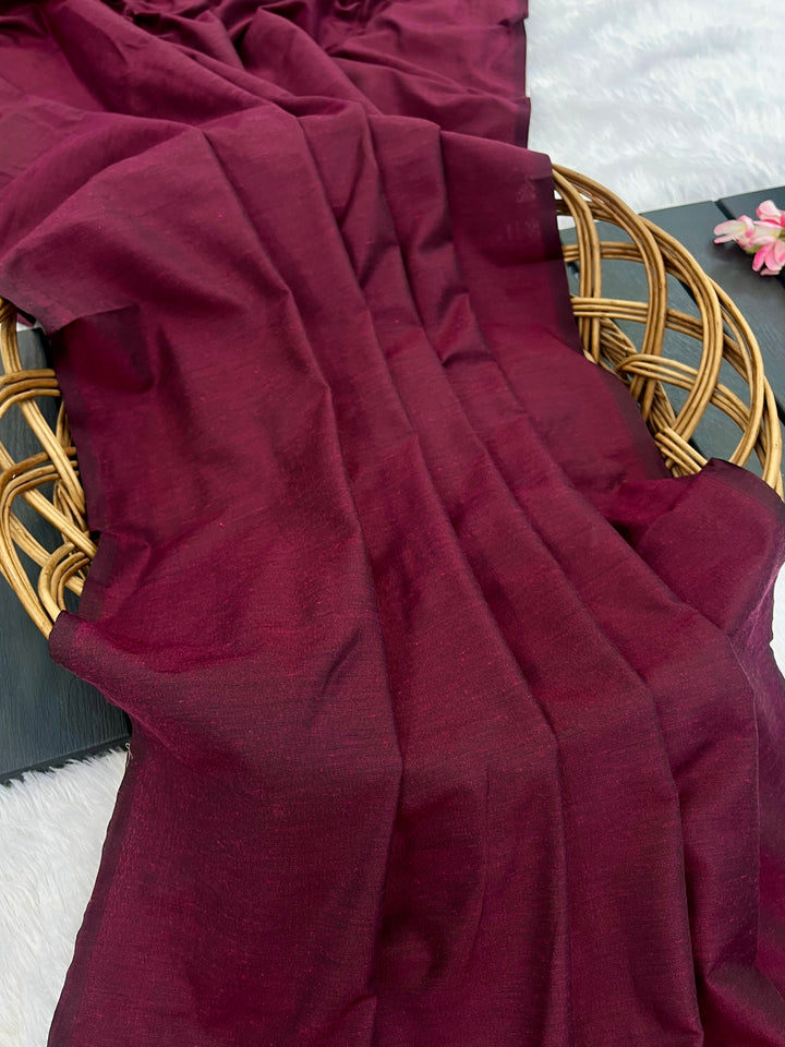 Wine Mul Cotton Saree with Antique Gold Zari Woven Pallu, Tassels & Matching Blouse