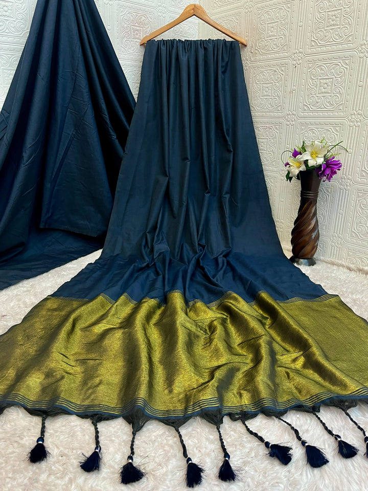 Navy Blue Mul Cotton Saree with Antique Gold Zari Woven Pallu, Tassels & Matching Blouse