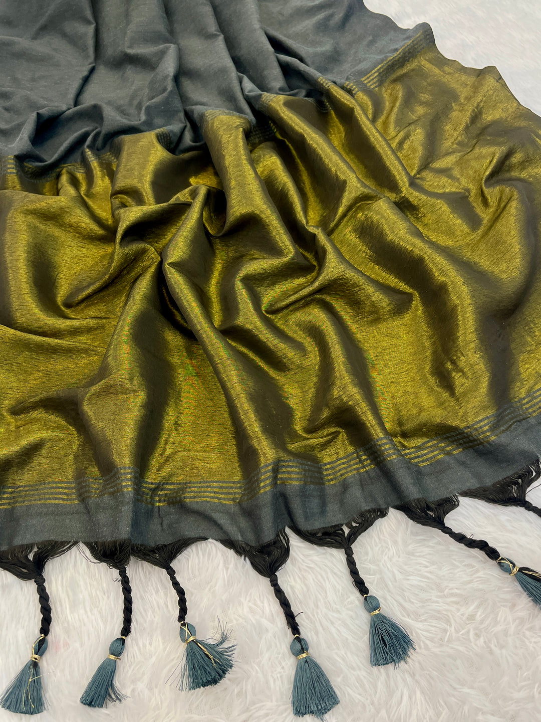 Grey Mul Cotton Saree with Antique Gold Zari Woven Pallu, Tassels & Matching Blouse