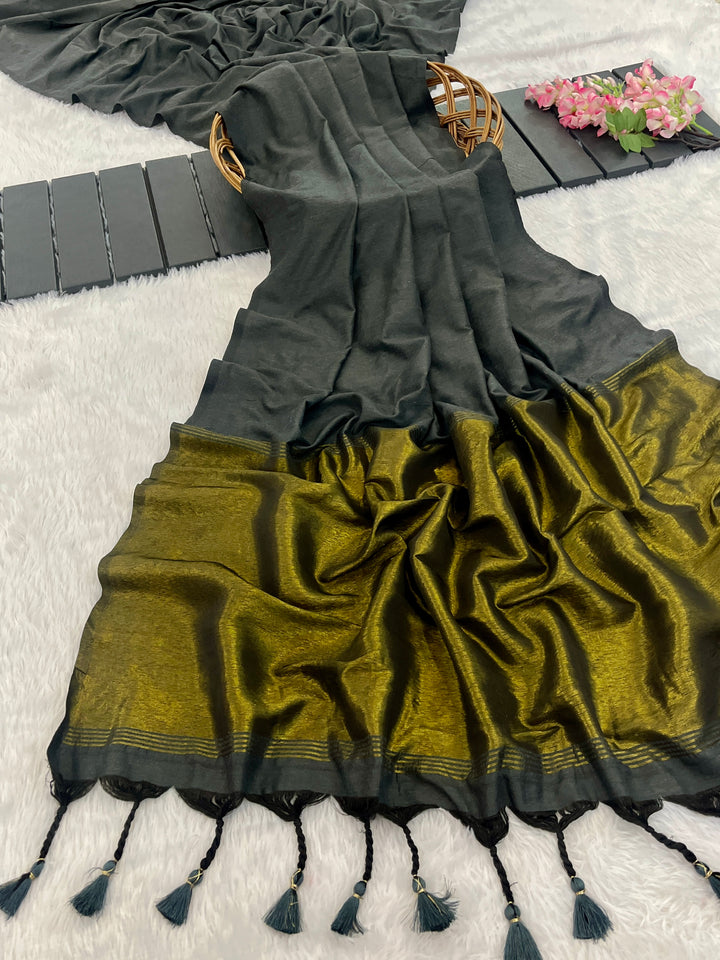 Grey Mul Cotton Saree with Antique Gold Zari Woven Pallu, Tassels & Matching Blouse