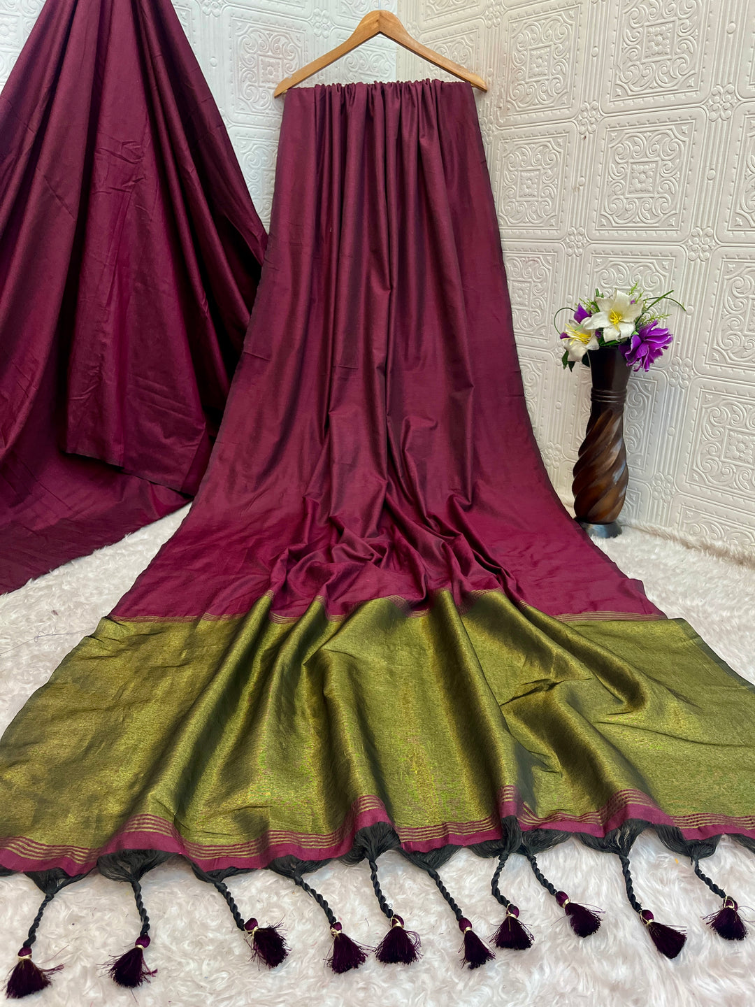 Wine Mul Cotton Saree with Antique Gold Zari Woven Pallu, Tassels & Matching Blouse
