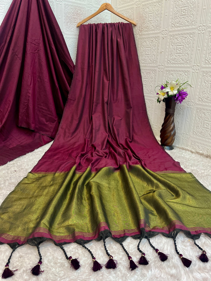 Wine Mul Cotton Saree with Antique Gold Zari Woven Pallu, Tassels & Matching Blouse