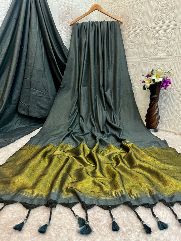 Grey Mul Cotton Saree with Antique Gold Zari Woven Pallu, Tassels & Matching Blouse