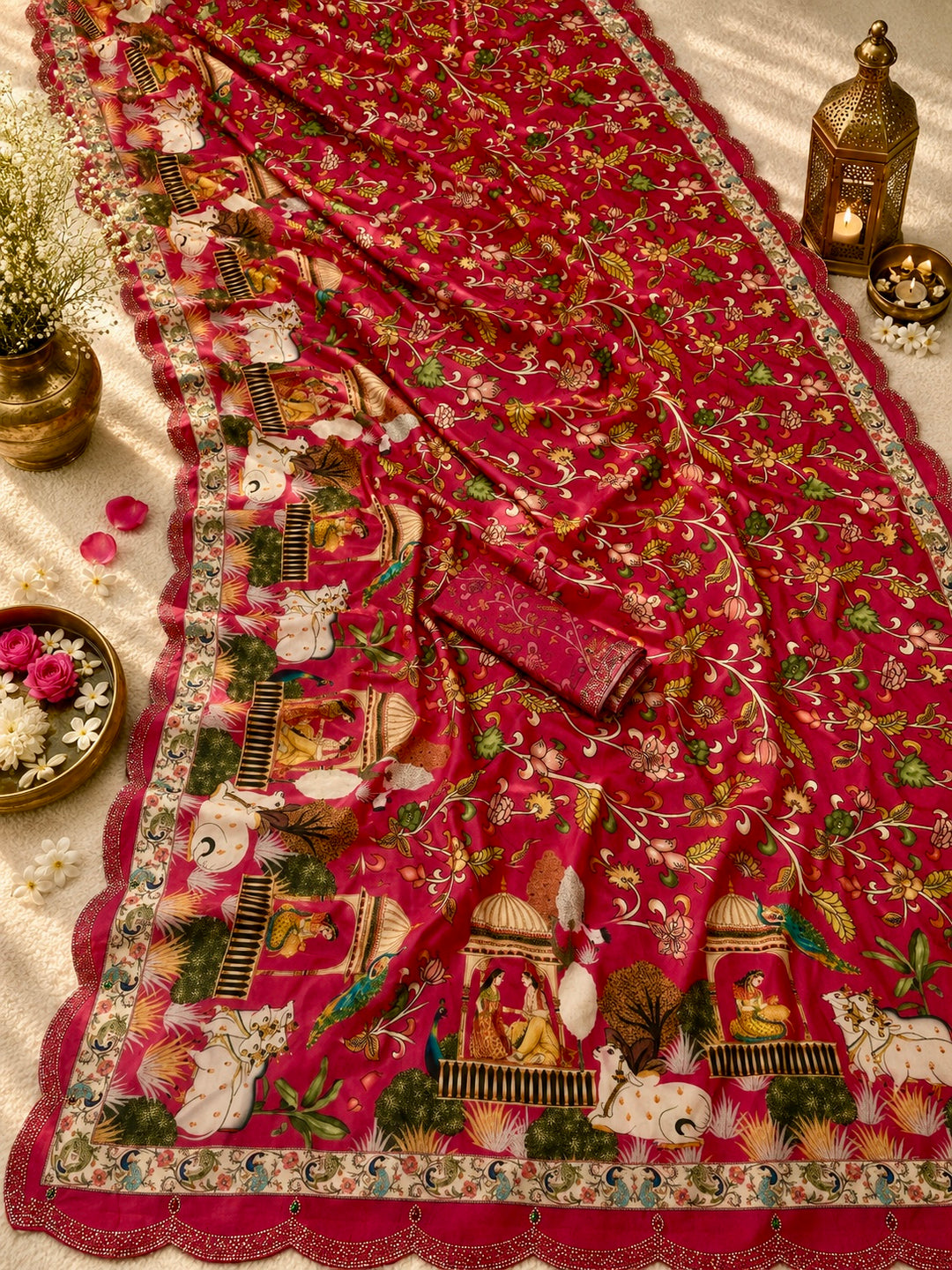 Rani Pink Modal Silk Kalamkari Floral Printed Saree with Swarovski Scalloped Border & Blouse Piece