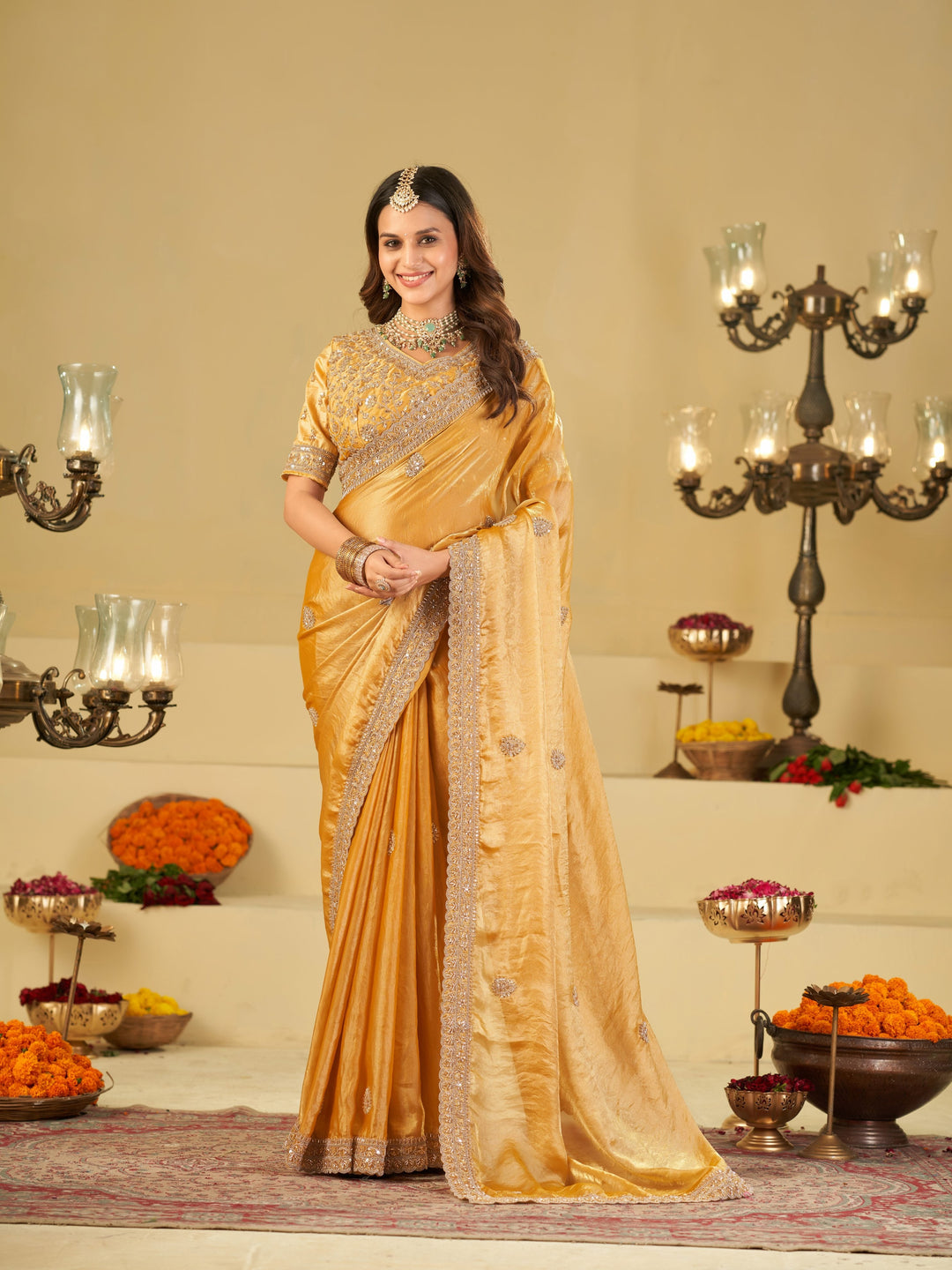 Mustard Yellow Designer Fendy Satin Saree with Heavy Embroidered Blouse & Sequin Border | Premium Festive Wedding Wear Saree