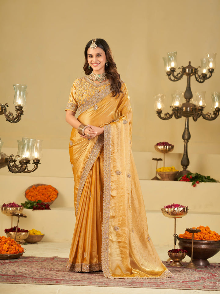Mustard Yellow Designer Fendy Satin Saree with Heavy Embroidered Blouse & Sequin Border | Premium Festive Wedding Wear Saree