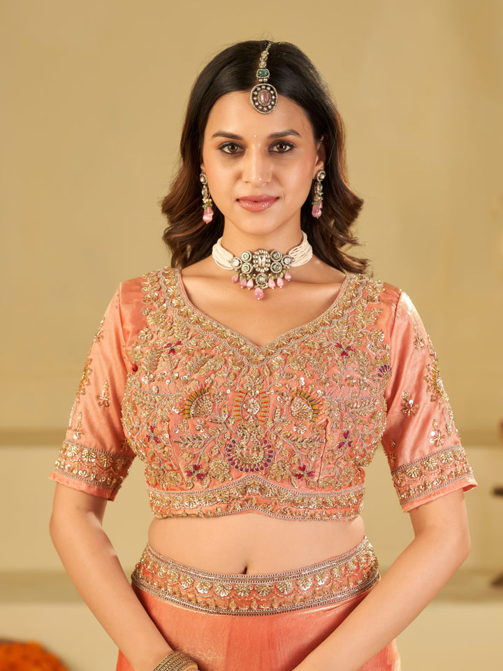 Peach Designer Fendy Satin Saree with Heavy Embroidered Blouse & Stone Work Border | Premium Wedding Party Wear Saree