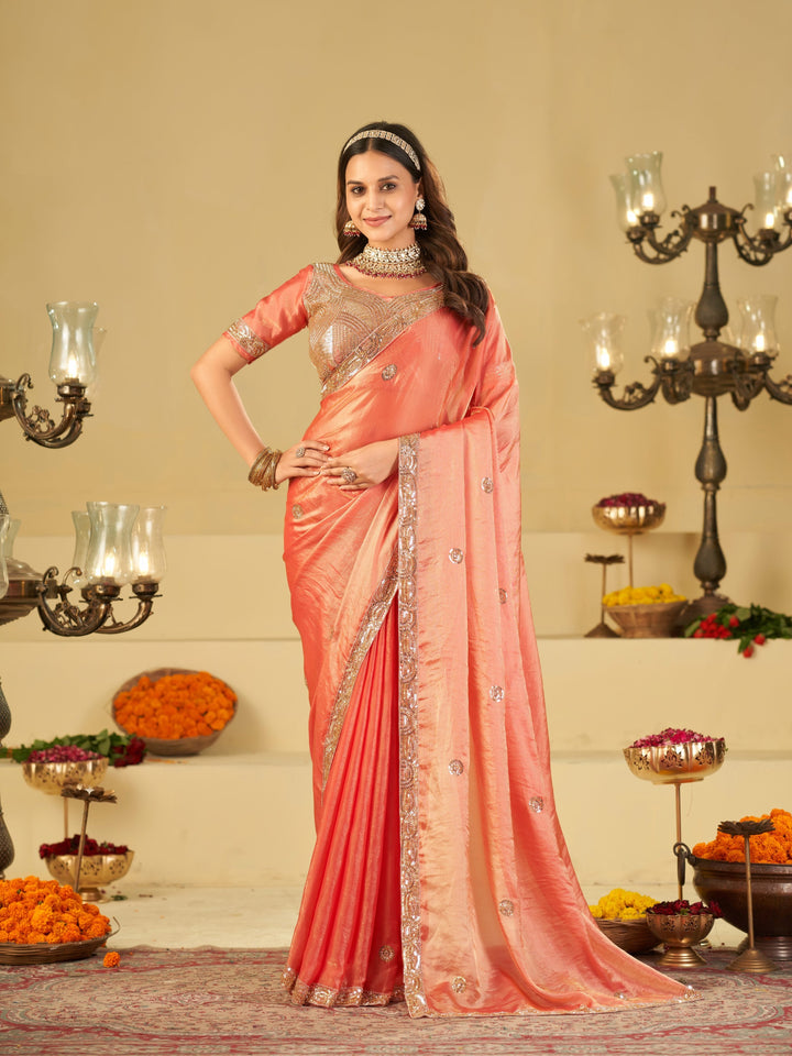 Peach Dual Tone Designer Fendy Satin Saree with Heavy Embroidered Blouse & Sequin Border | Premium Wedding Party Wear Saree