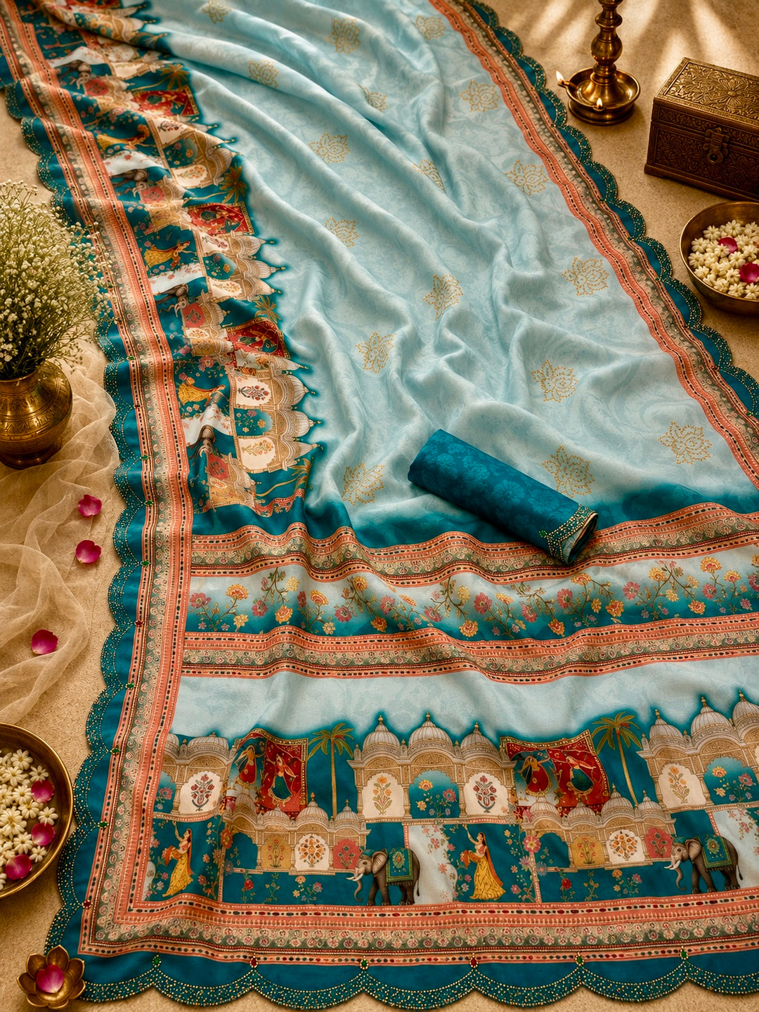 Sky Blue Modal Silk Heritage Palace Printed Saree with Teal Scalloped Swarovski Border & Blouse Piece