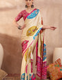 Cream Modal Silk Saree with Multicolor Patola-Inspired Print & Rani Pink Border | Designer Festive Wear Saree