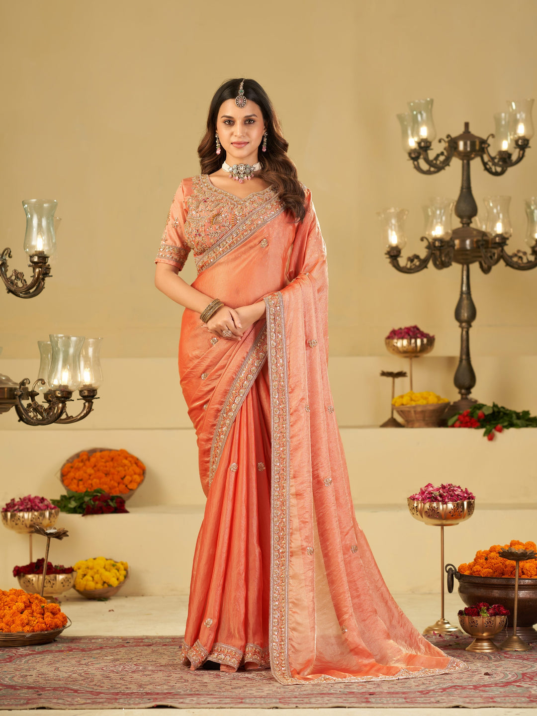 Peach Designer Fendy Satin Saree with Heavy Embroidered Blouse & Stone Work Border | Premium Wedding Party Wear Saree