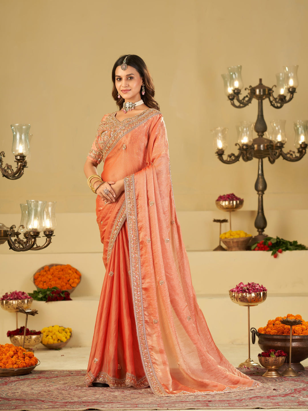 Peach Designer Fendy Satin Saree with Heavy Embroidered Blouse & Stone Work Border | Premium Wedding Party Wear Saree