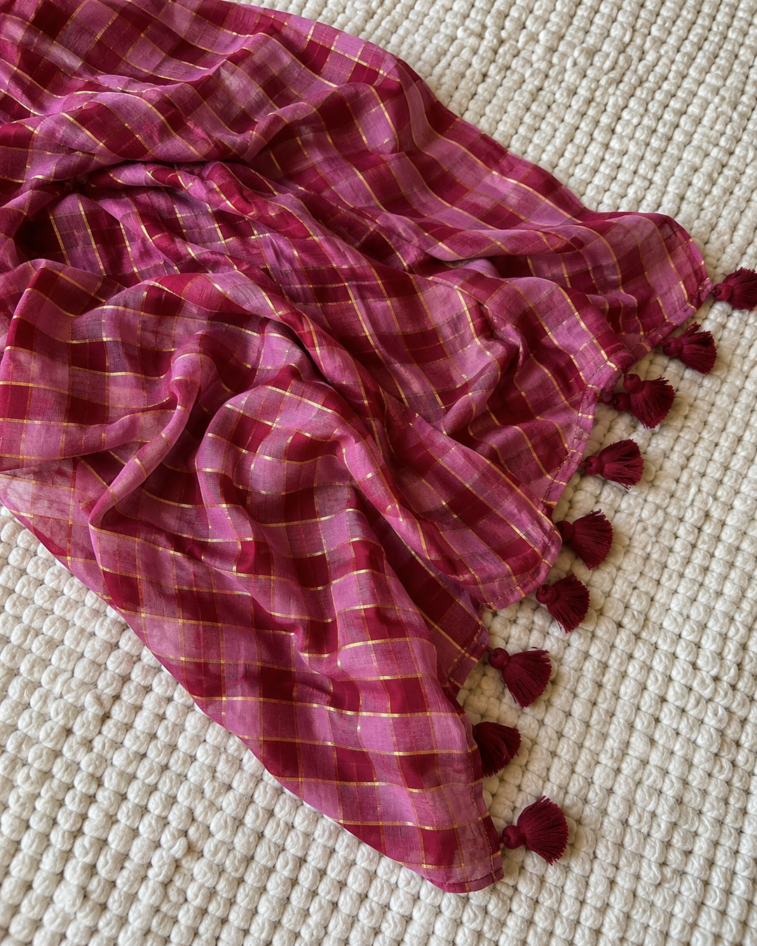 Rani Pink & Maroon Madras Checkered Mul Cotton Saree with Gold Zari Lines, Tassels & Blouse Piece