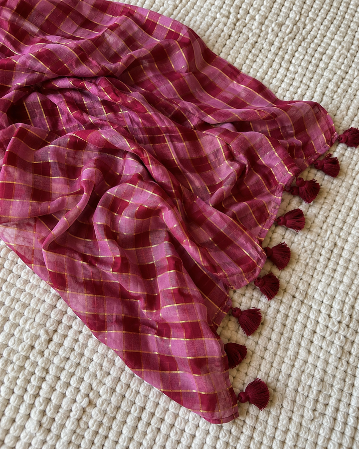Rani Pink & Maroon Madras Checkered Mul Cotton Saree with Gold Zari Lines, Tassels & Blouse Piece