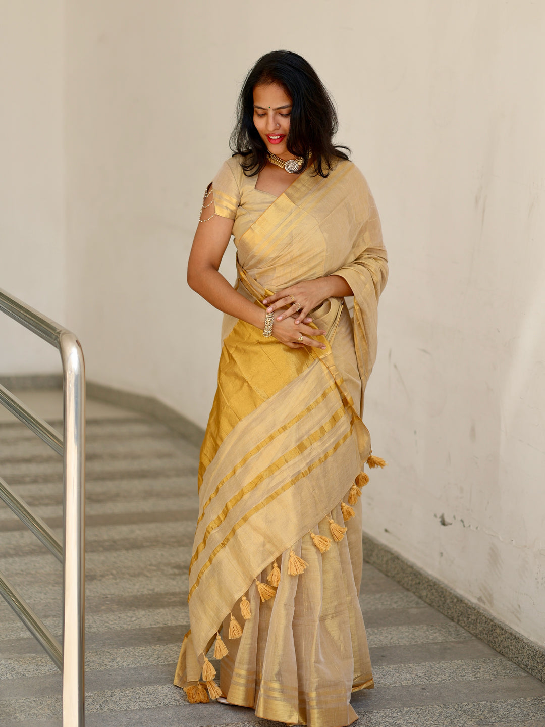Royal Gold Kasavu Saree with Shimmer Zari Weave, Statement Pallu & Tassels on Edges, Comes With Attached Blouse Piece