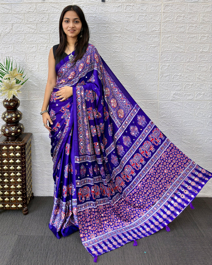 Royal Purple Modal Silk Ajrakh Print Saree with Elephant Motifs, Designer Pallu & Tassels | Festive & Ethnic Wear Saree