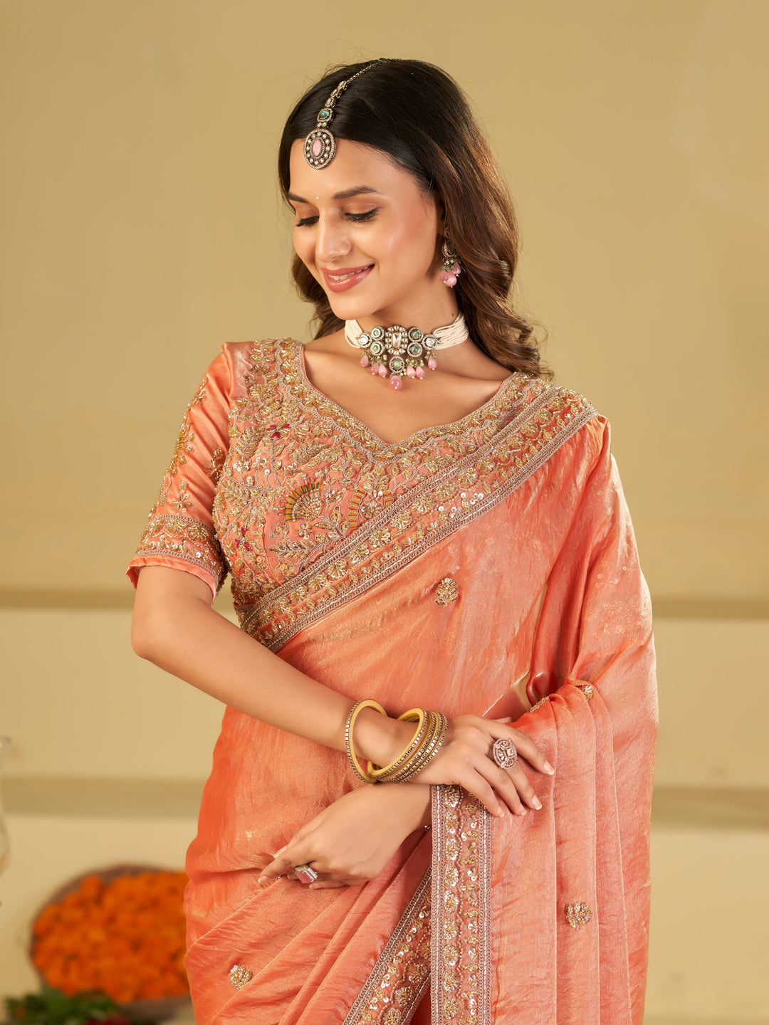 Peach Designer Fendy Satin Saree with Heavy Embroidered Blouse & Stone Work Border | Premium Wedding Party Wear Saree