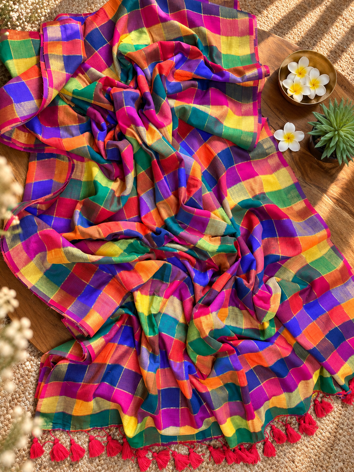 Vibrant Multicolour Madras Checkered Mul Cotton Saree with Tassels & Attached Blouse Piece