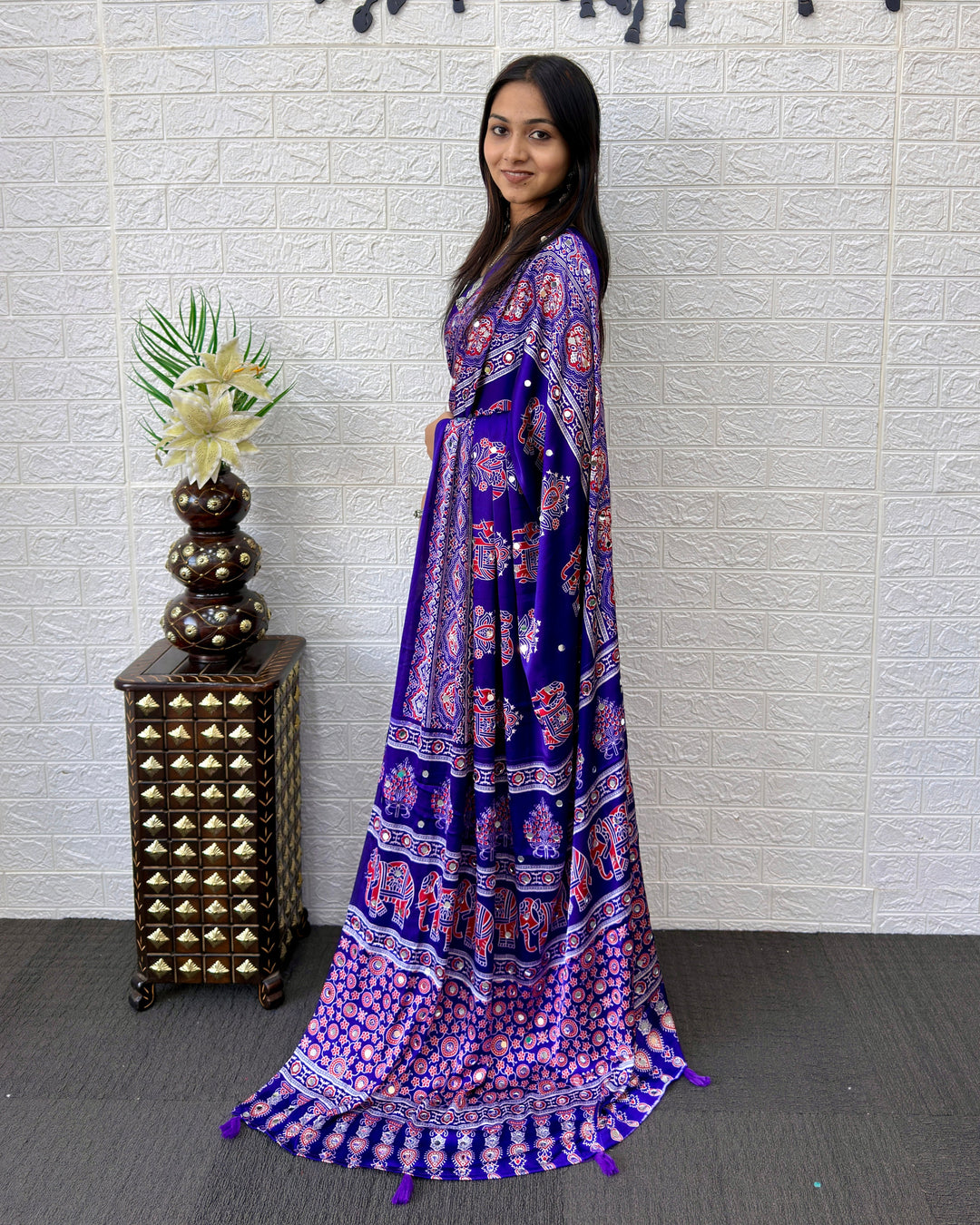 Royal Purple Modal Silk Ajrakh Print Saree with Elephant Motifs, Designer Pallu & Tassels | Festive & Ethnic Wear Saree