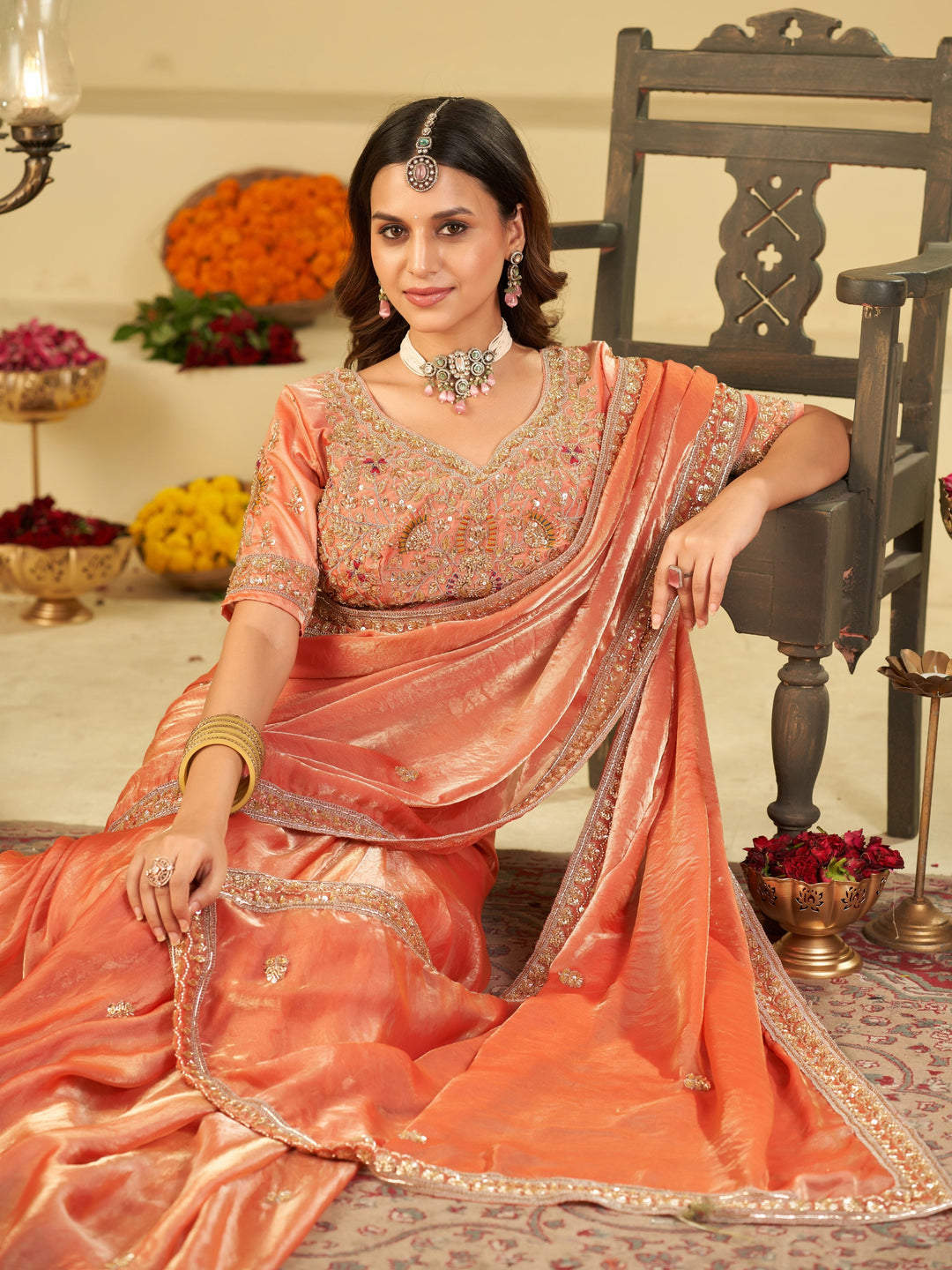 Peach Designer Fendy Satin Saree with Heavy Embroidered Blouse & Stone Work Border | Premium Wedding Party Wear Saree