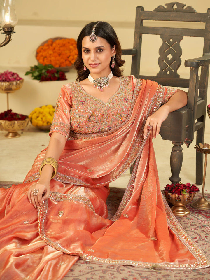 Peach Designer Fendy Satin Saree with Heavy Embroidered Blouse & Stone Work Border | Premium Wedding Party Wear Saree